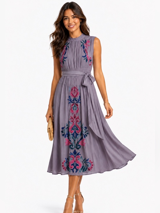 Anthropologie Dresses & Skirts - Anthropologie‎ Embroidered Midi Dress Tie Waist Gray Lavender US 0